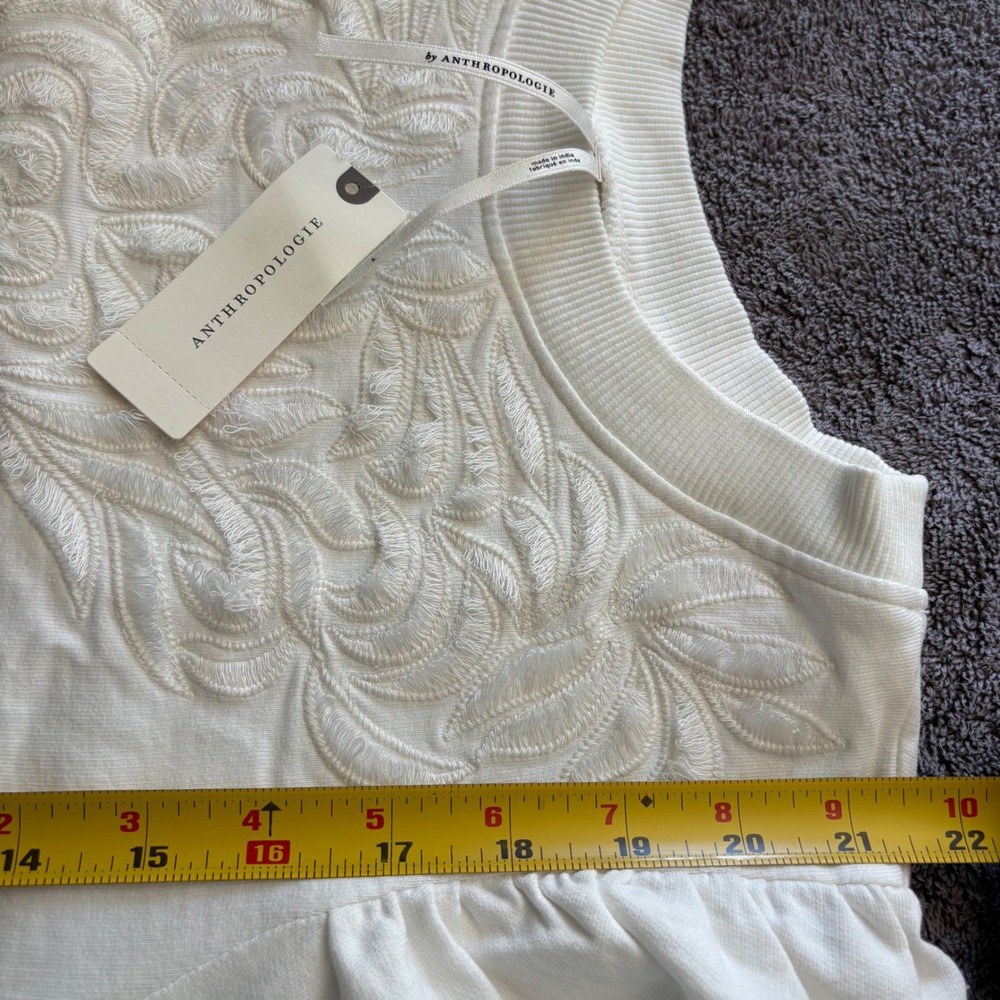 Anthropologie Embroidered Puff-Sleeve Sweatshirt L Ivory Floral Crewneck - Picture 6 of 8